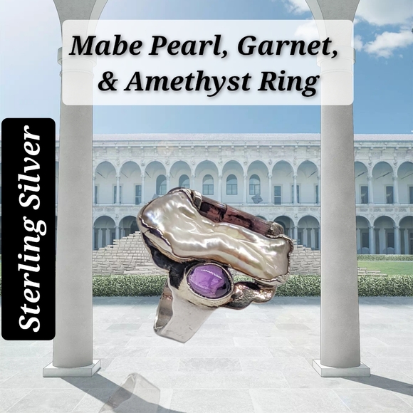 .Mabe Pearl, Garnet, & Amethyst Sterling Silver Ring - Picture 8 of 8